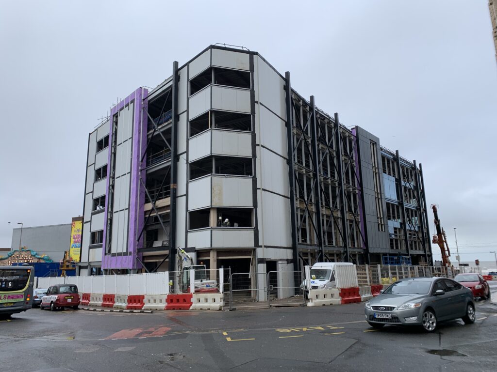 Cladding being fitted on the town centre side of Sands Venue, March 2020